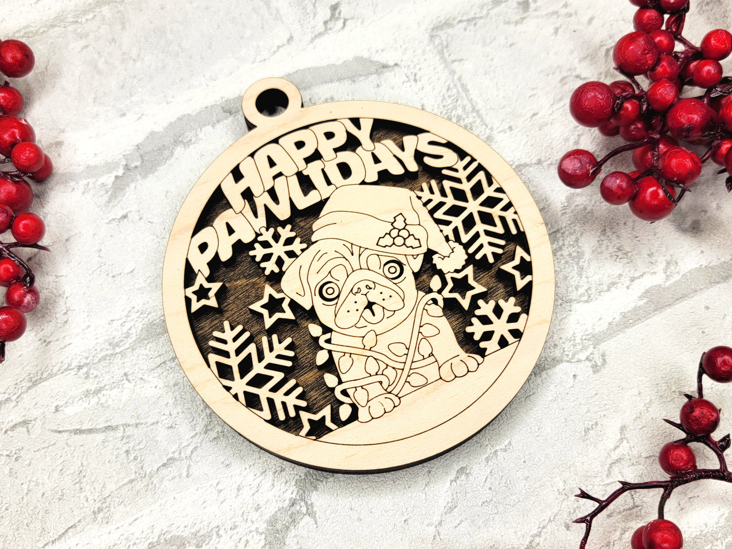 Happy Pawlidays Dog Ornament - Laser Cut Christmas Tree Decor