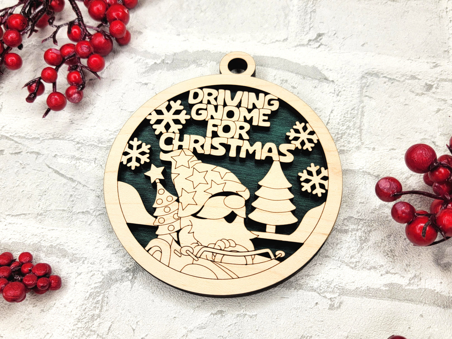 Driving Gnome for Christmas Ornament - Laser Cut Holiday Tree Decor
