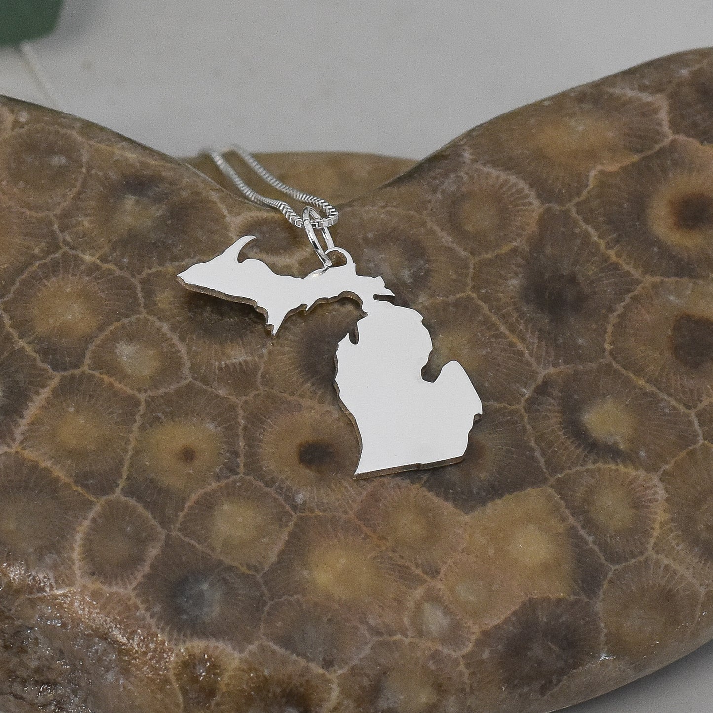 State of Michigan Upper and Lower Peninsula Necklace in Sterling Silver 