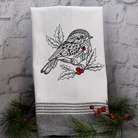 Farmhouse Chickadee Tea Towel - Redwork Style Design