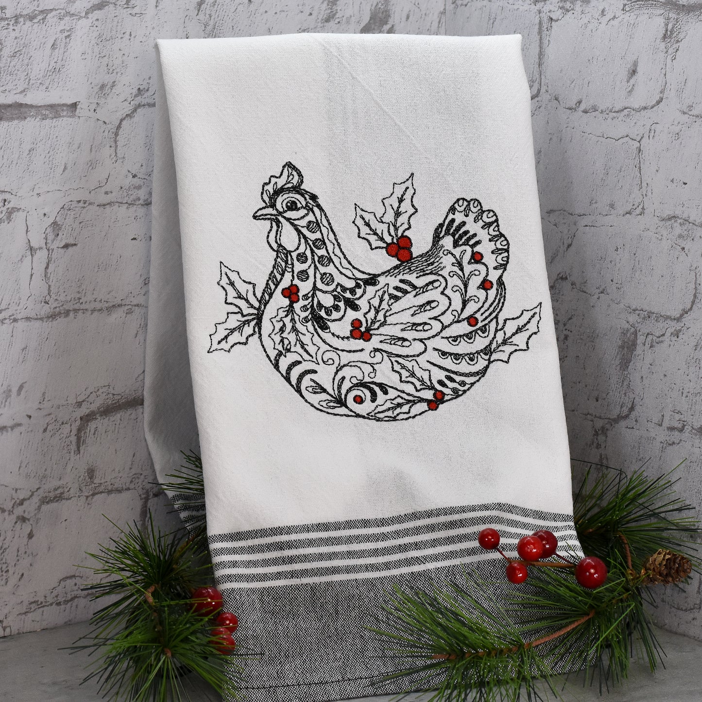 Farmhouse Hen Tea Towel - Redwork Style Design