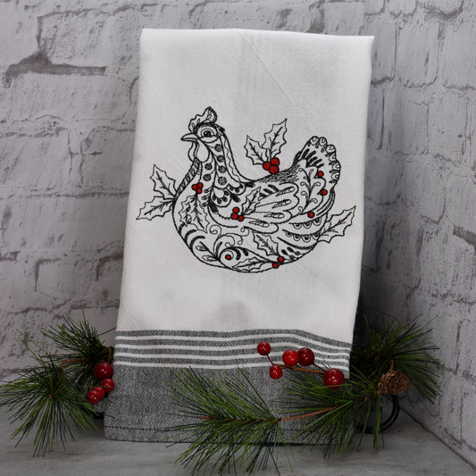 Farmhouse Hen Tea Towel - Redwork Style Design