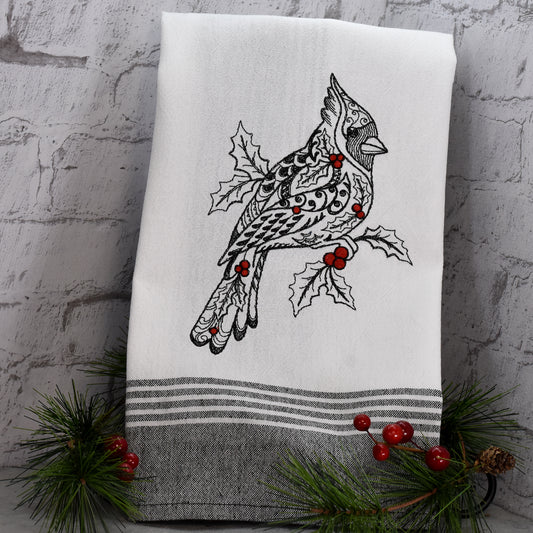 Farmhouse Cardinal Tea Towel - Redwork Style Design