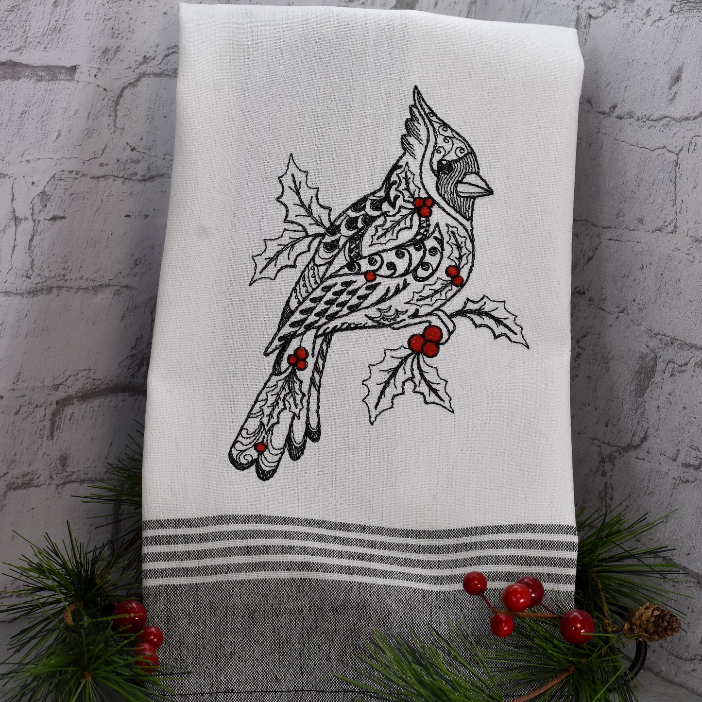 Farmhouse Cardinal Tea Towel - Redwork Style Design