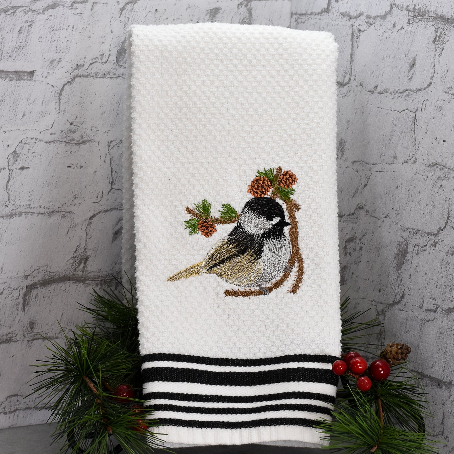Embroidered Chickadee Holiday Towel