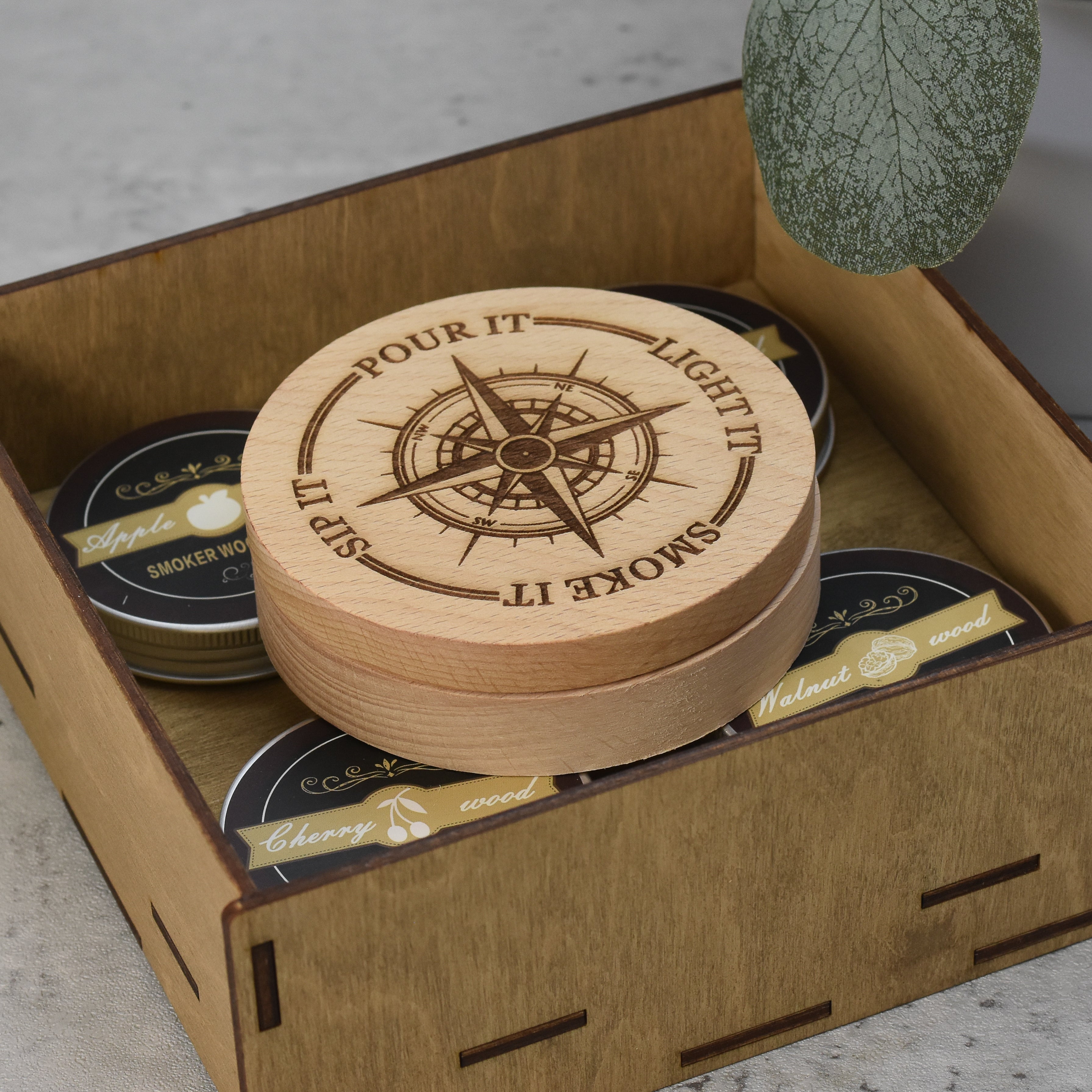 cocktail smoking kit with custom engraved compass with pour it, light it, smoke it, sip it text