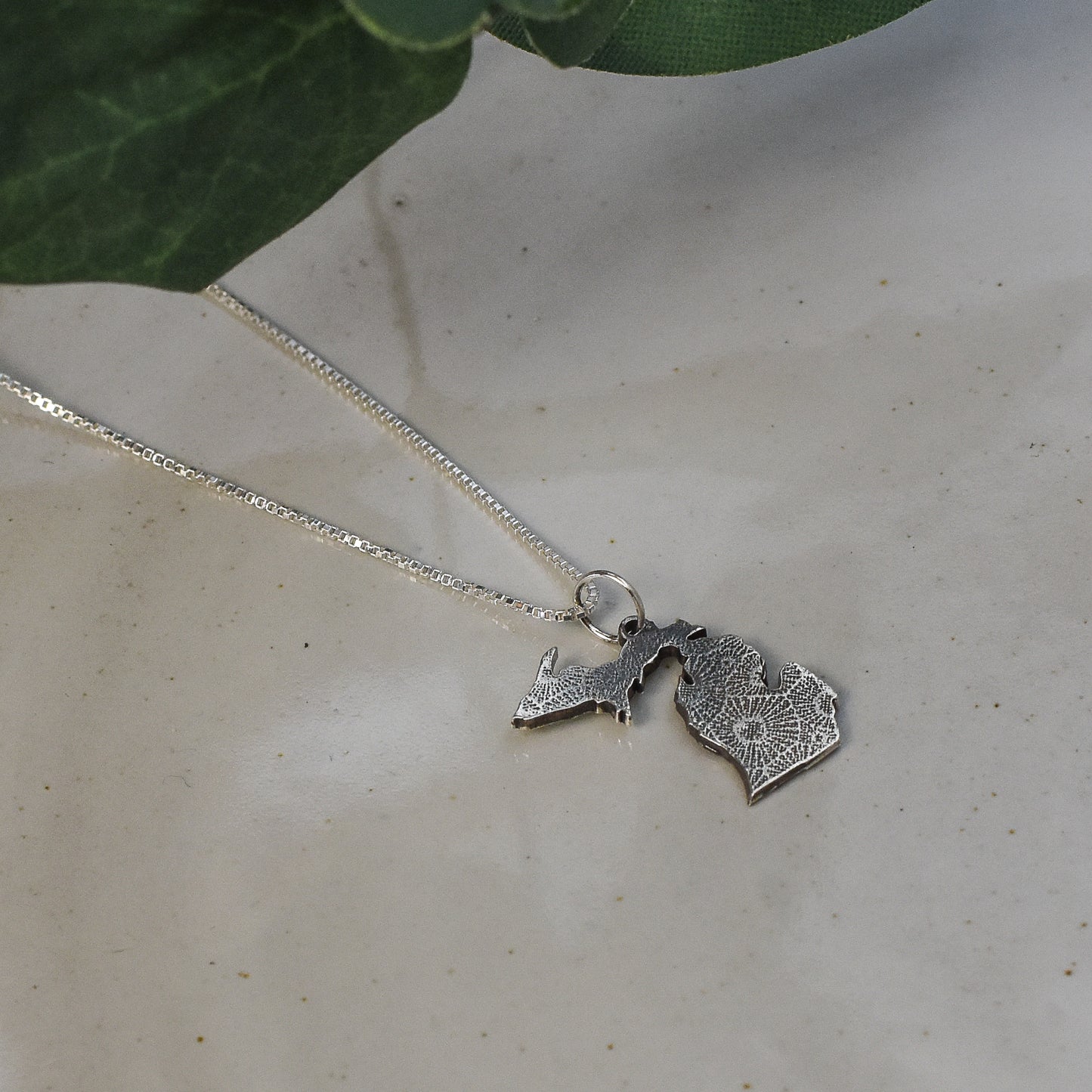 Engraved Petoskey Stone Print - State of Michigan Sterling Silver Necklace