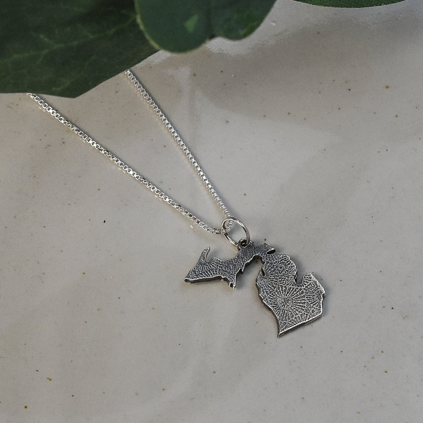 Engraved Petoskey Stone Print - State of Michigan Sterling Silver Necklace