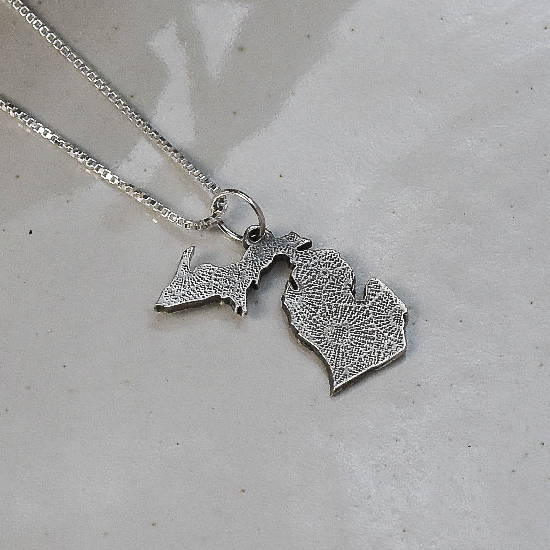 Engraved Petoskey Stone Print - State of Michigan Sterling Silver Necklace