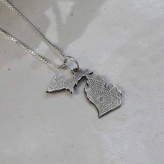 Engraved Petoskey Stone Print - State of Michigan Sterling Silver Necklace