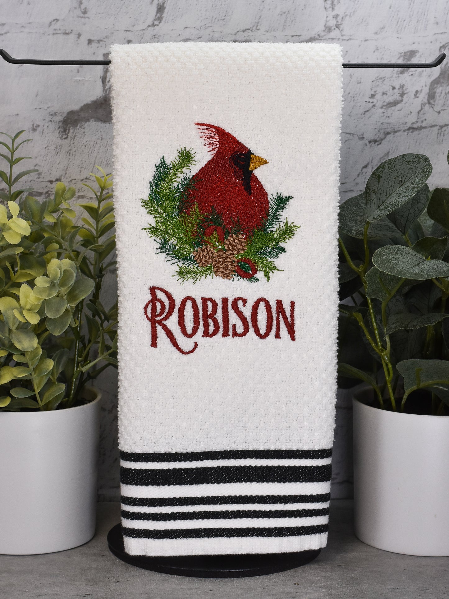 Christmas Pine Cardinal Embroidered Towel