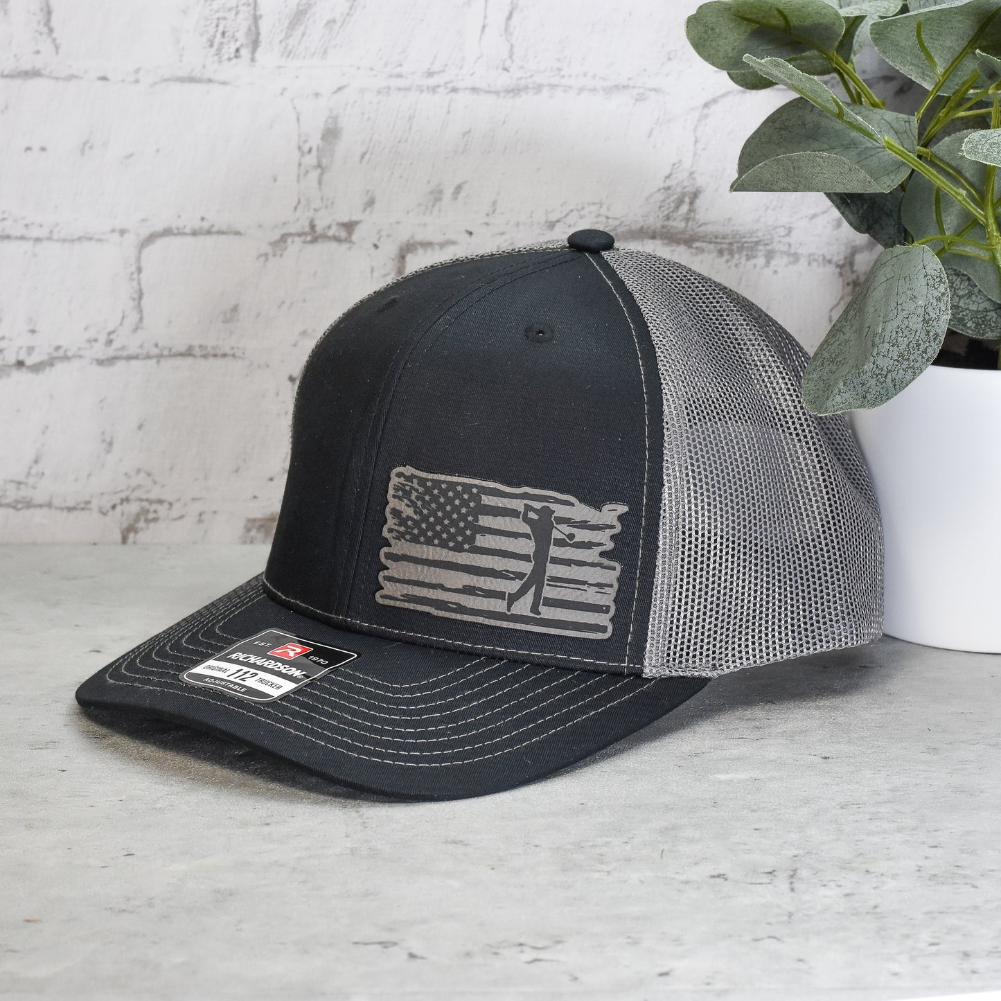 Golfer American Flag Trucker Hat - Custom Leatherette Logo