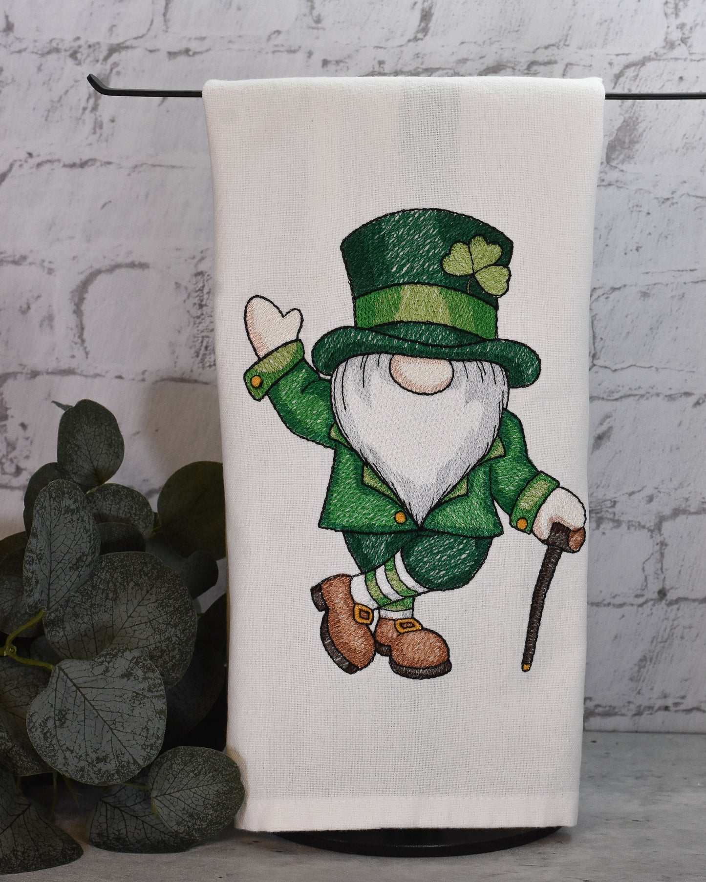 St. Patrick's Day Gnome Tea Towel - Embroidered