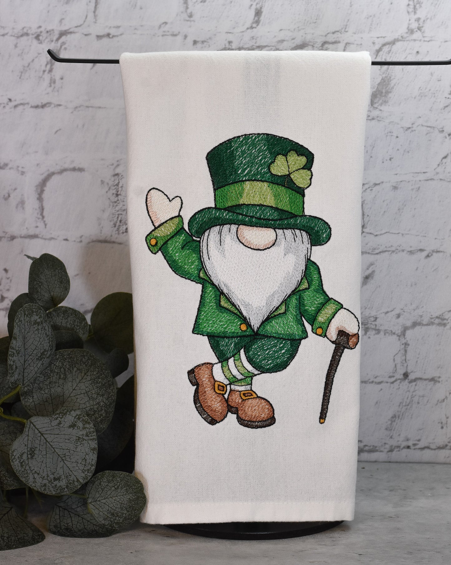 St. Patrick's Day Gnome Tea Towel - Embroidered