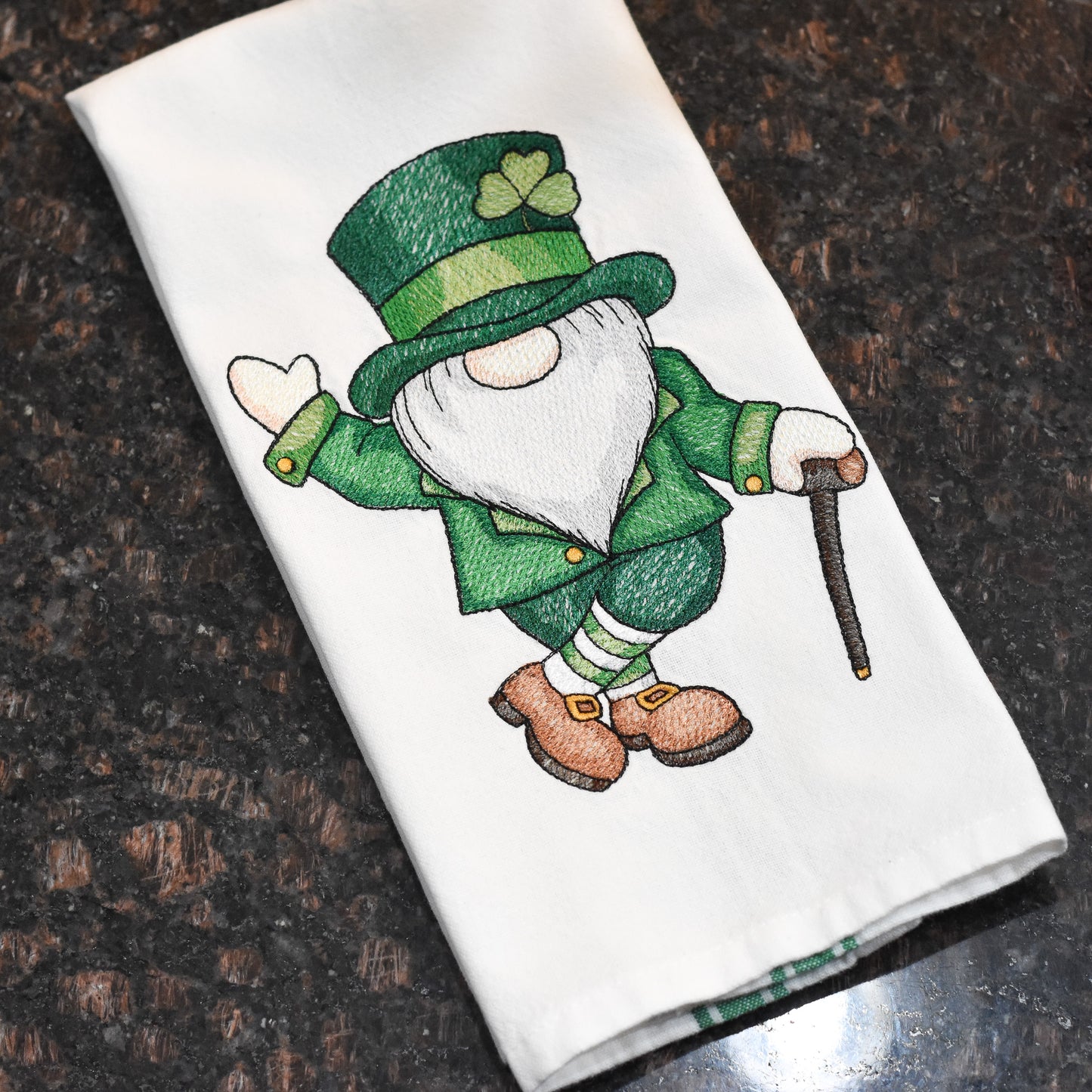 St. Patrick's Day Gnome Tea Towel - Embroidered