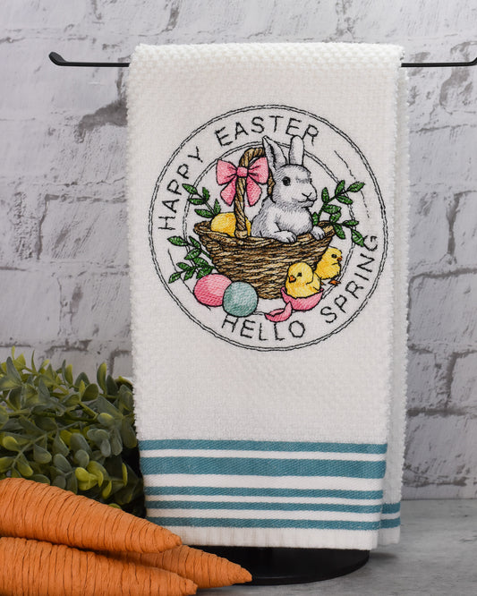 Happy Easter Hello Spring Stamp Embroidered Towel