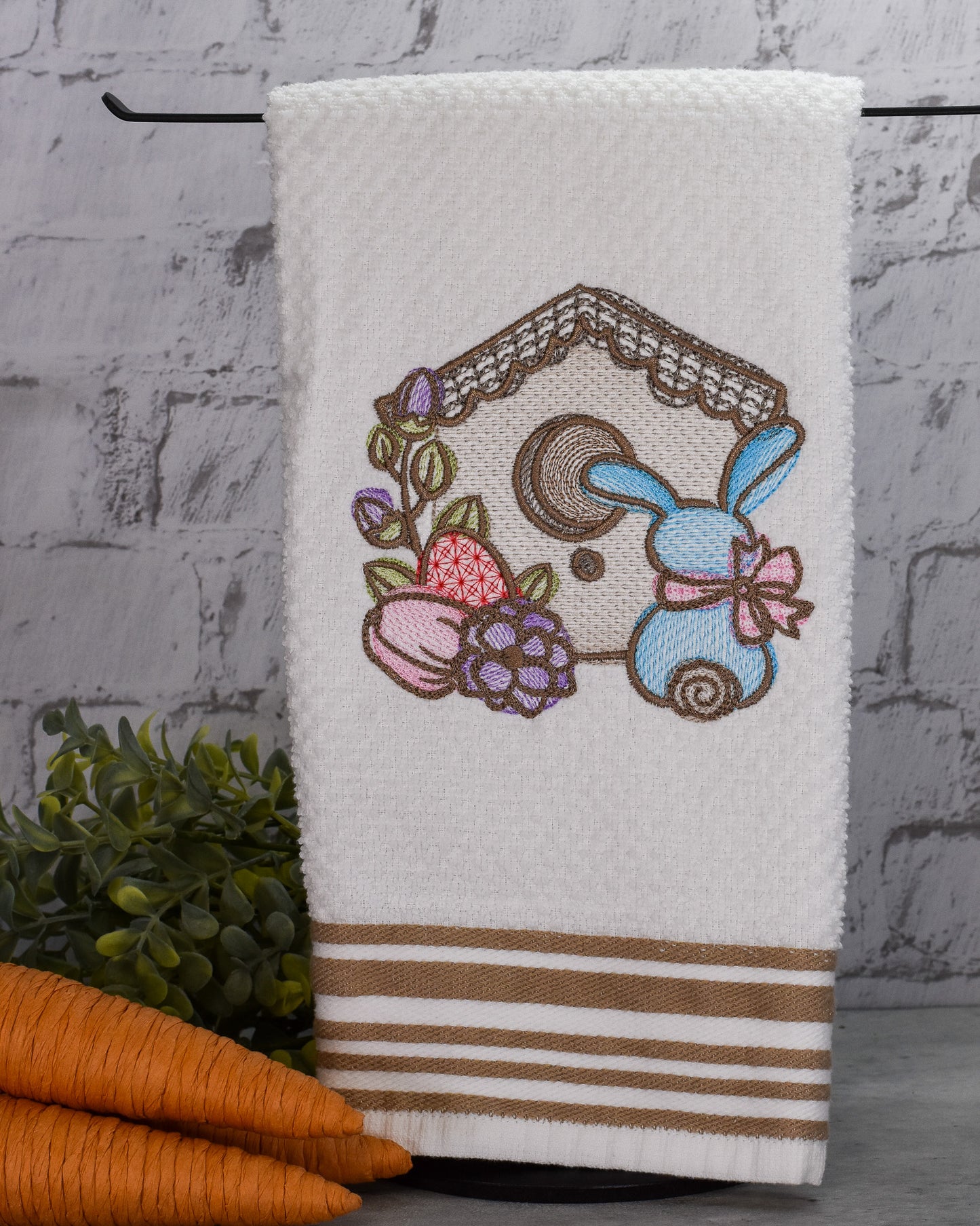 Spring Floral Birdhouse Bunny Embroidered Towel