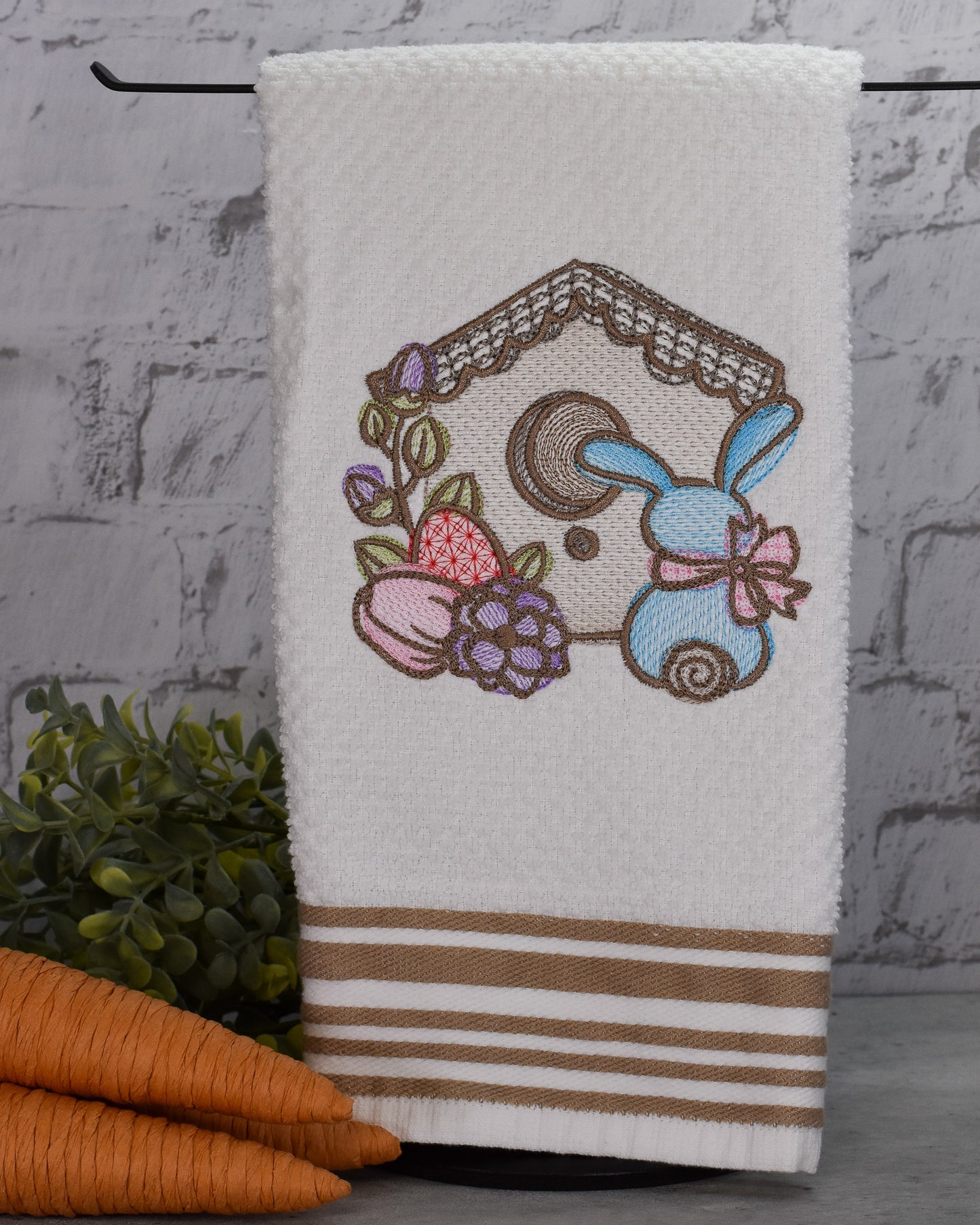 Spring Floral Birdhouse Bunny Embroidered Towel