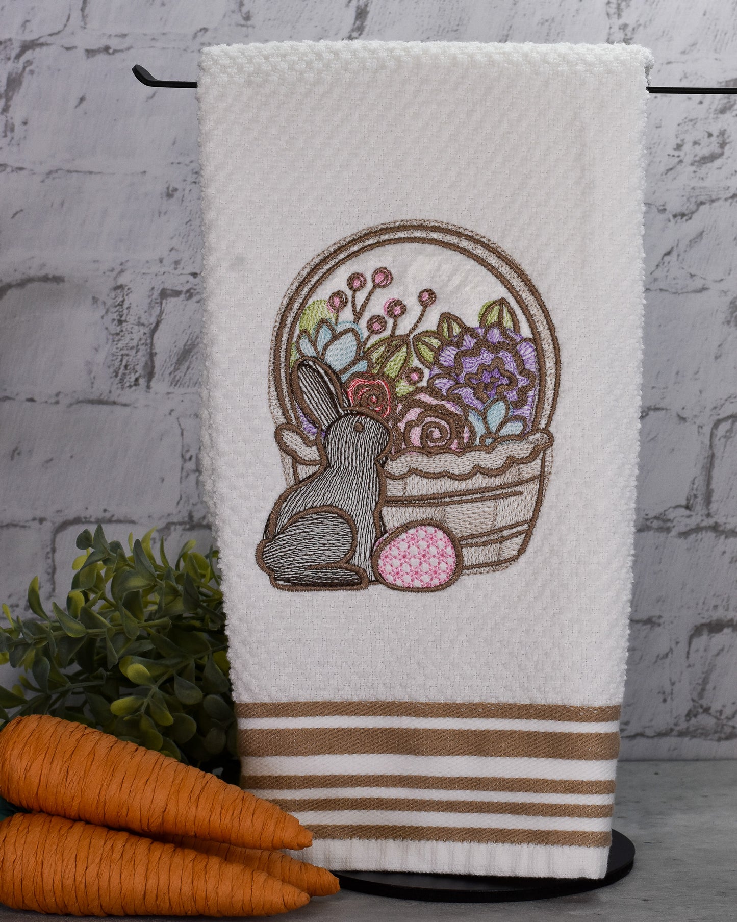 Spring Floral Easter Bunny Basket Embroidered Towel