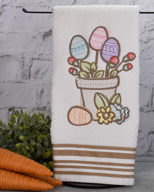 Spring Floral Easter Potted Plant Embroidered Towel