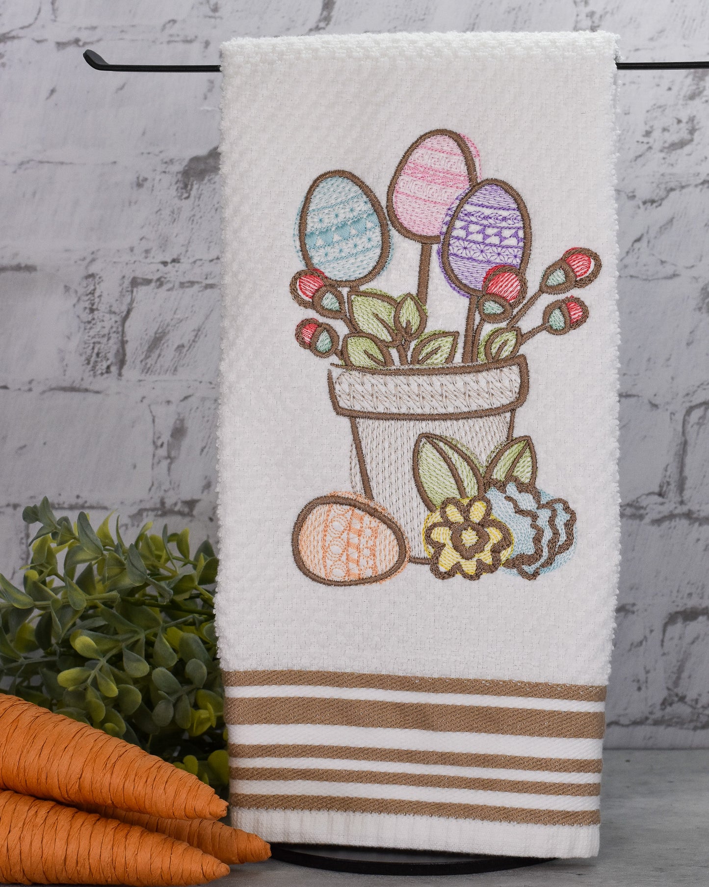 Spring Floral Easter Potted Plant Embroidered Towel