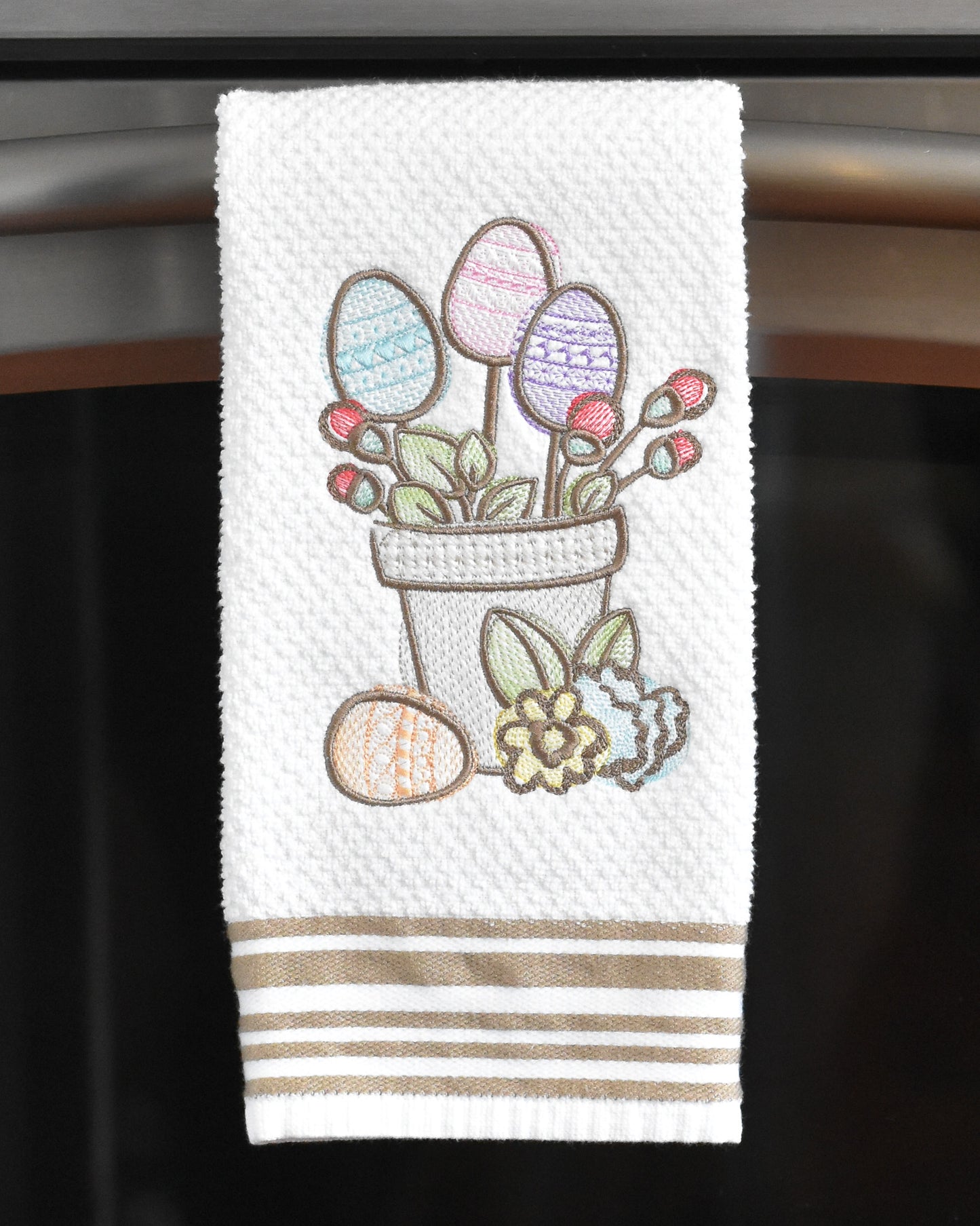 Spring Floral Easter Potted Plant Embroidered Towel