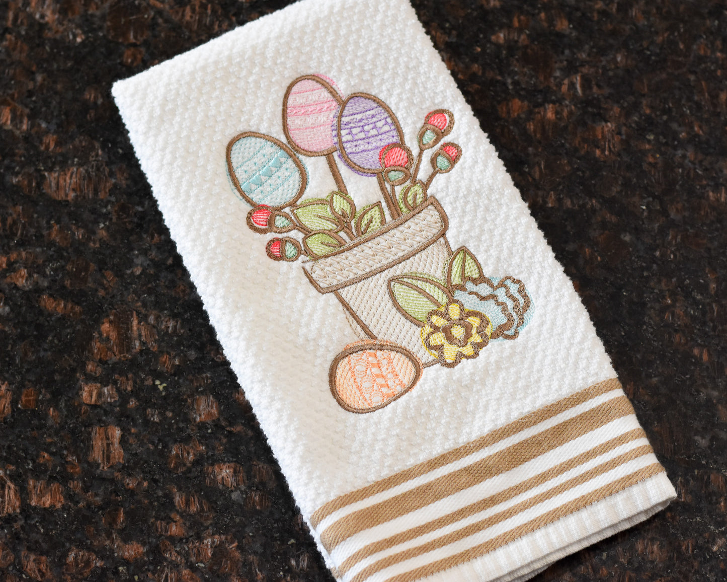 Spring Floral Easter Potted Plant Embroidered Towel