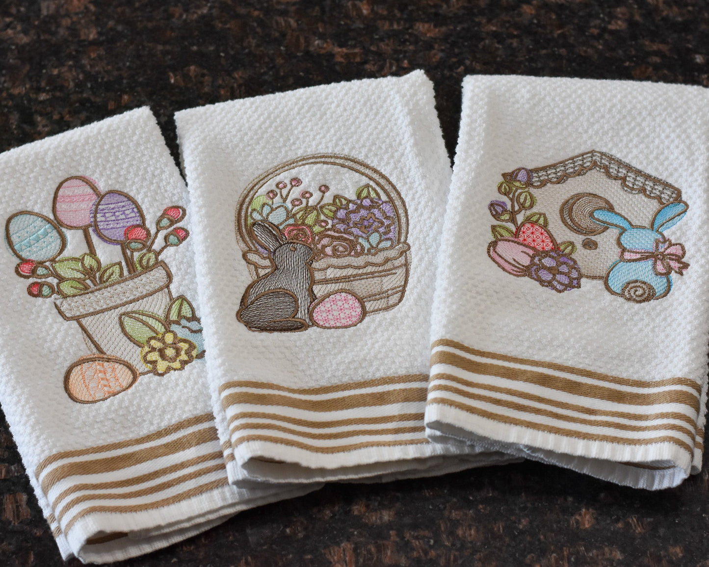 Spring Floral Easter Bunny Basket Embroidered Towel