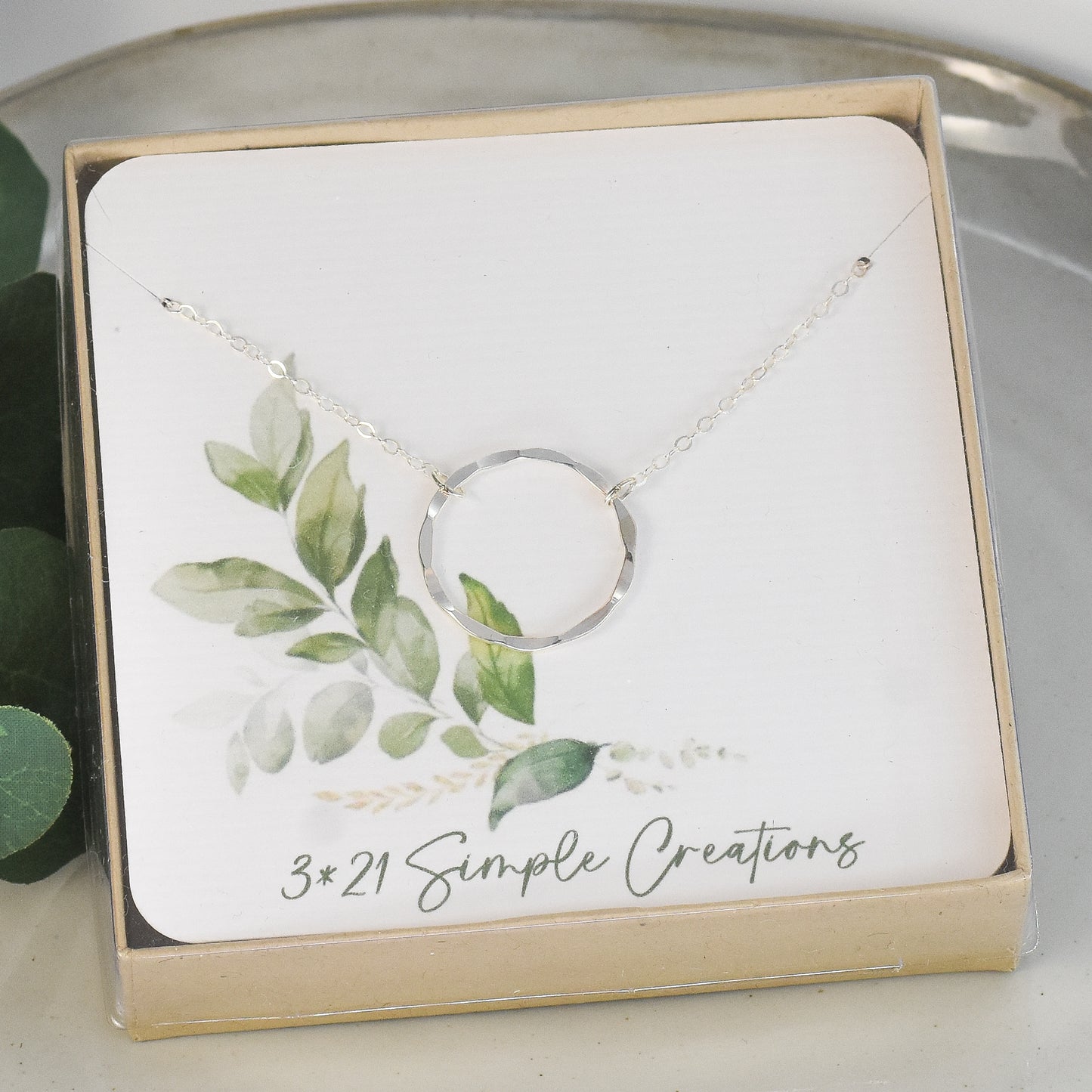 Eternity Circle Sterling Silver Necklace - 26mm Hammered Link with Adjustable Chain