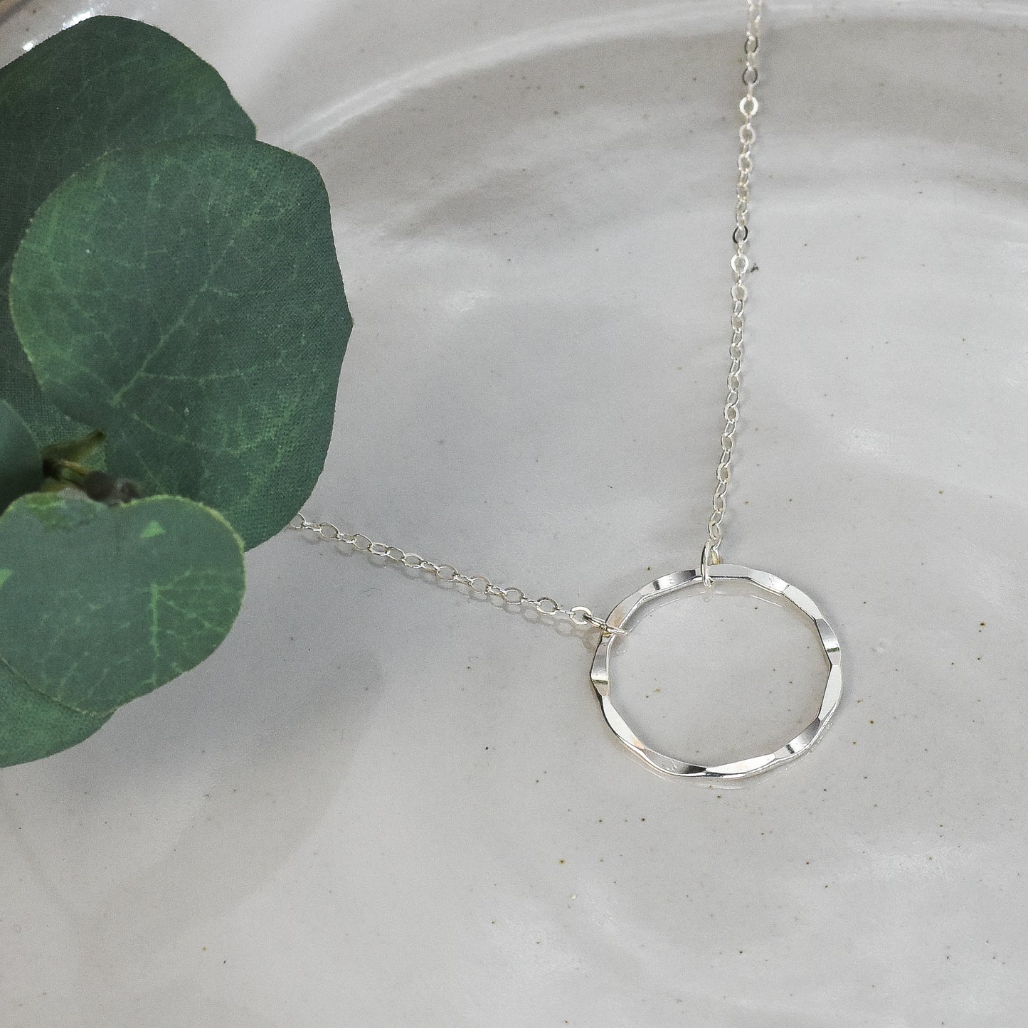 Eternity Circle Sterling Silver Necklace - 26mm Hammered Link with Adjustable Chain