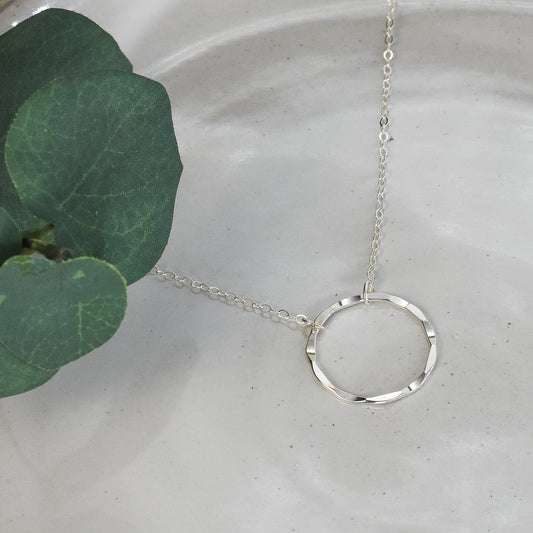 Eternity Circle Sterling Silver Necklace - 26mm Hammered Link with Adjustable Chain