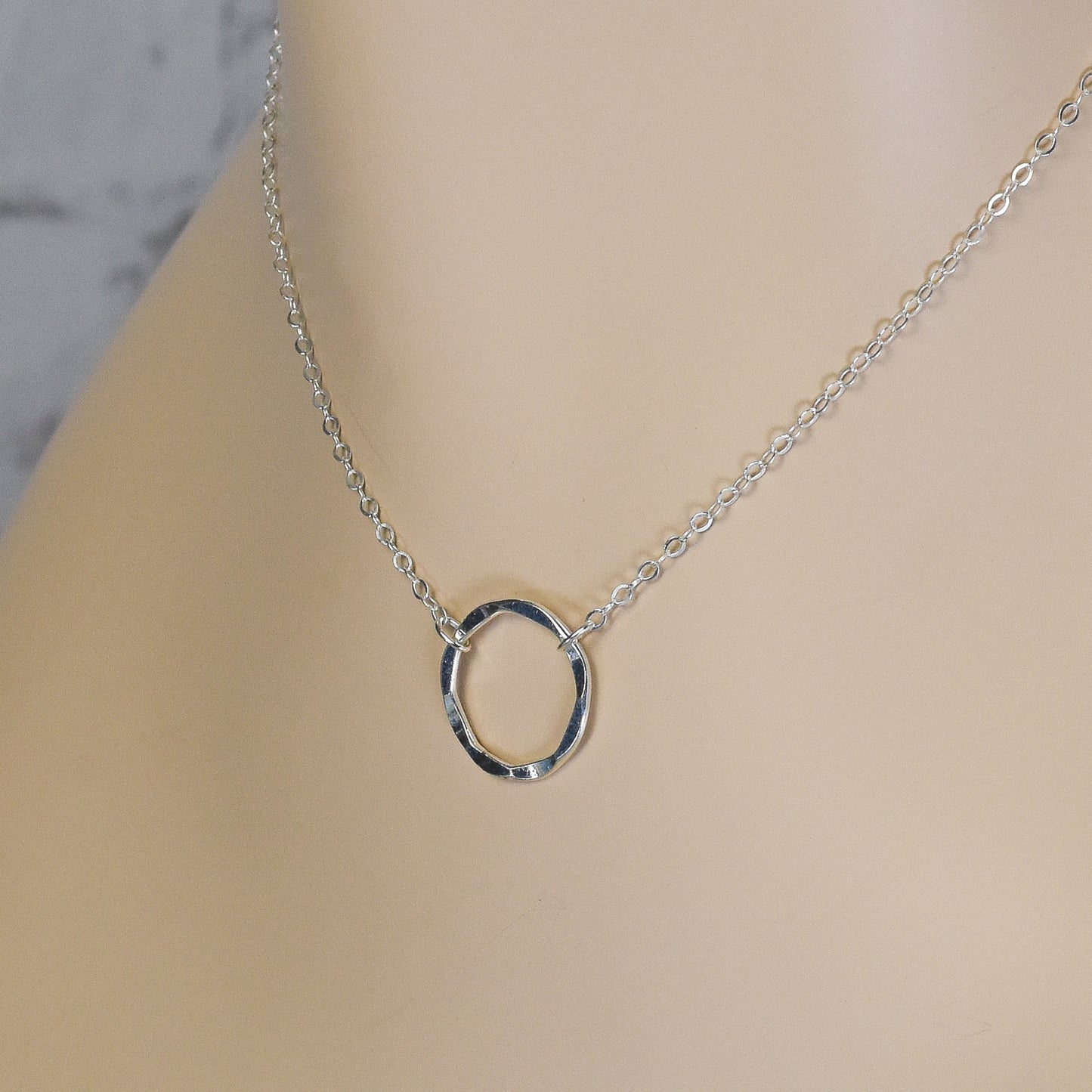 Eternity Circle Sterling Silver Necklace - 26mm Hammered Link with Adjustable Chain