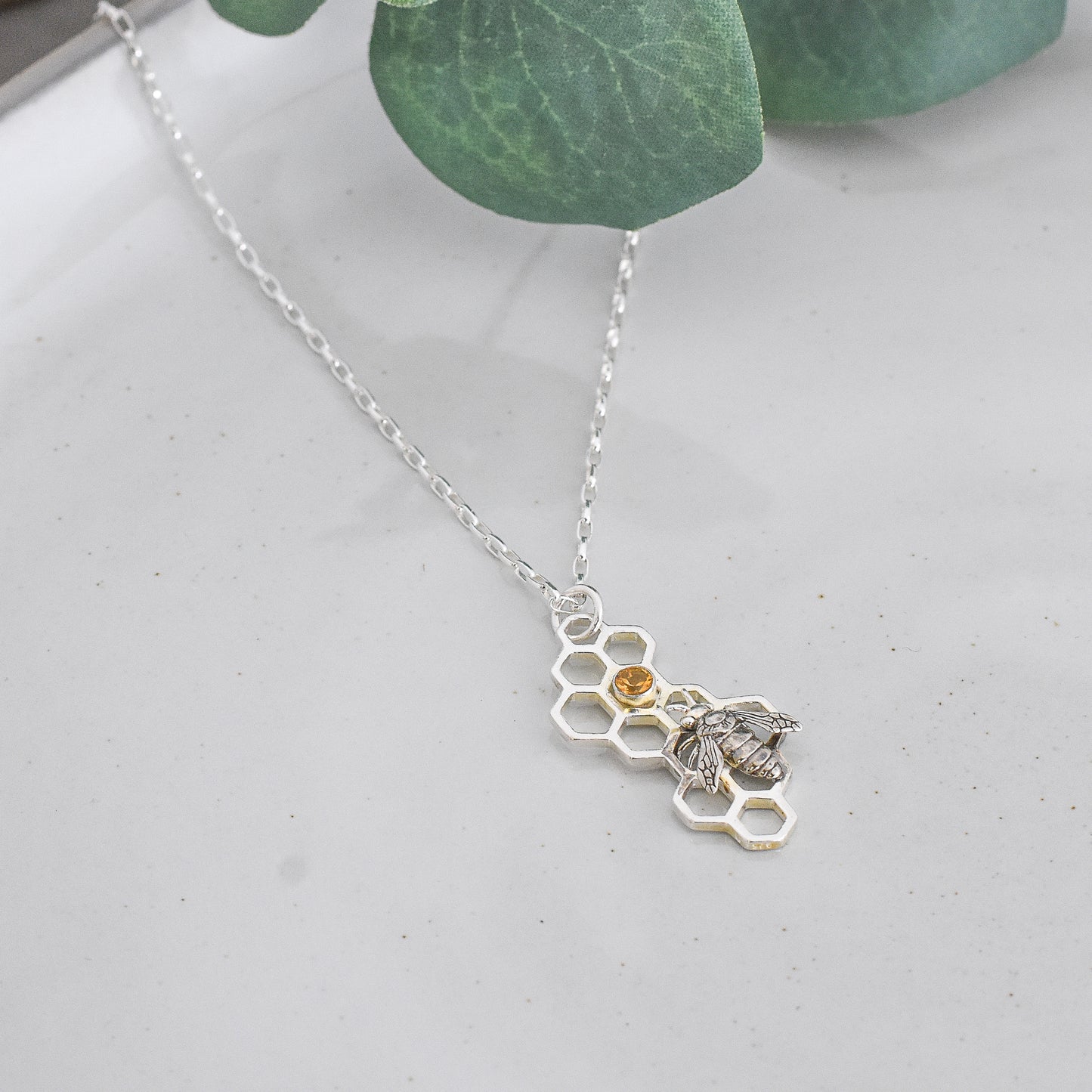 Honeycomb Bee with Citrine Gemstone Necklace - Sterling Silver