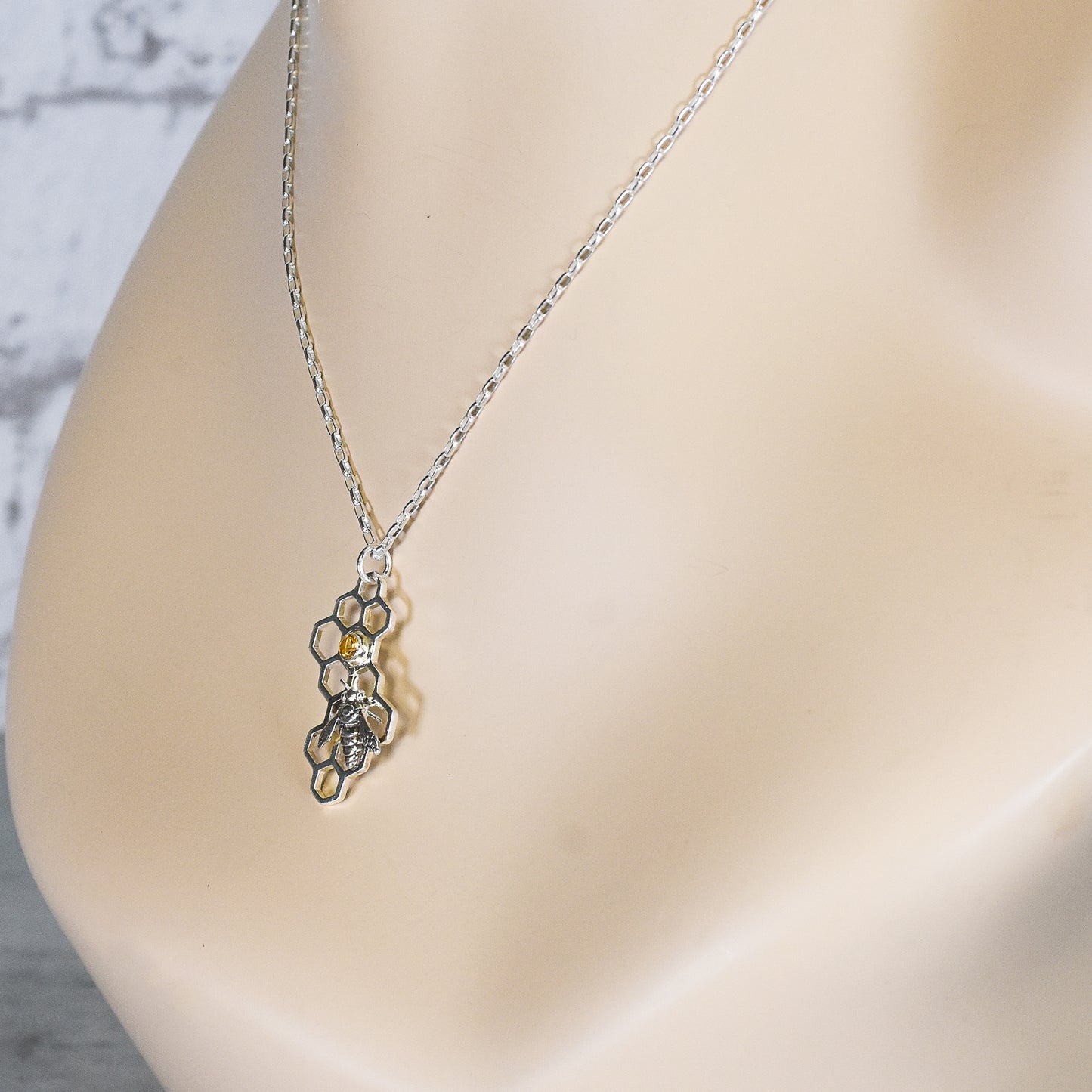 Honeycomb Bee with Citrine Gemstone Necklace - Sterling Silver