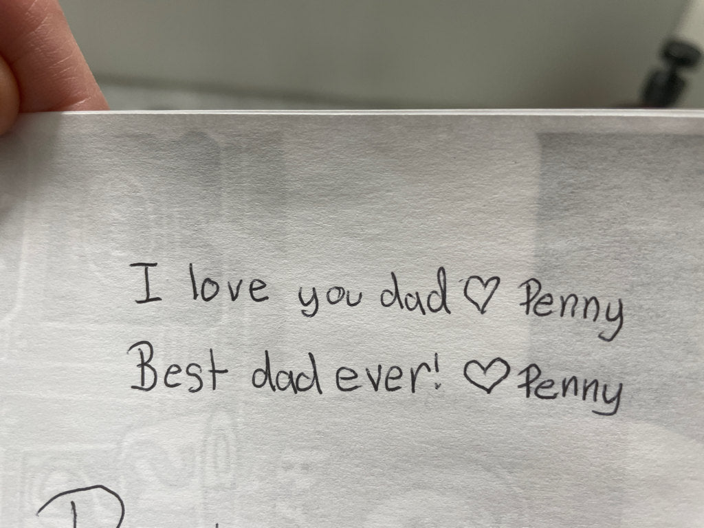 Handwriting sample provided by daughter for engraving on tie bar for gift to father on wedding day.