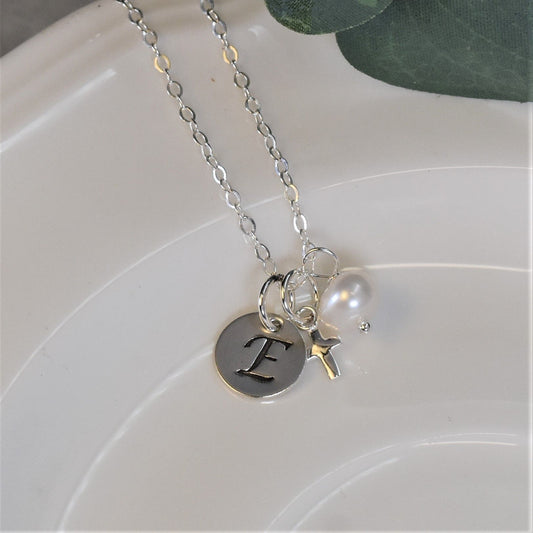 Personalized Cross & Pearl Sterling Silver Communion Necklace - Add an Initial or Name