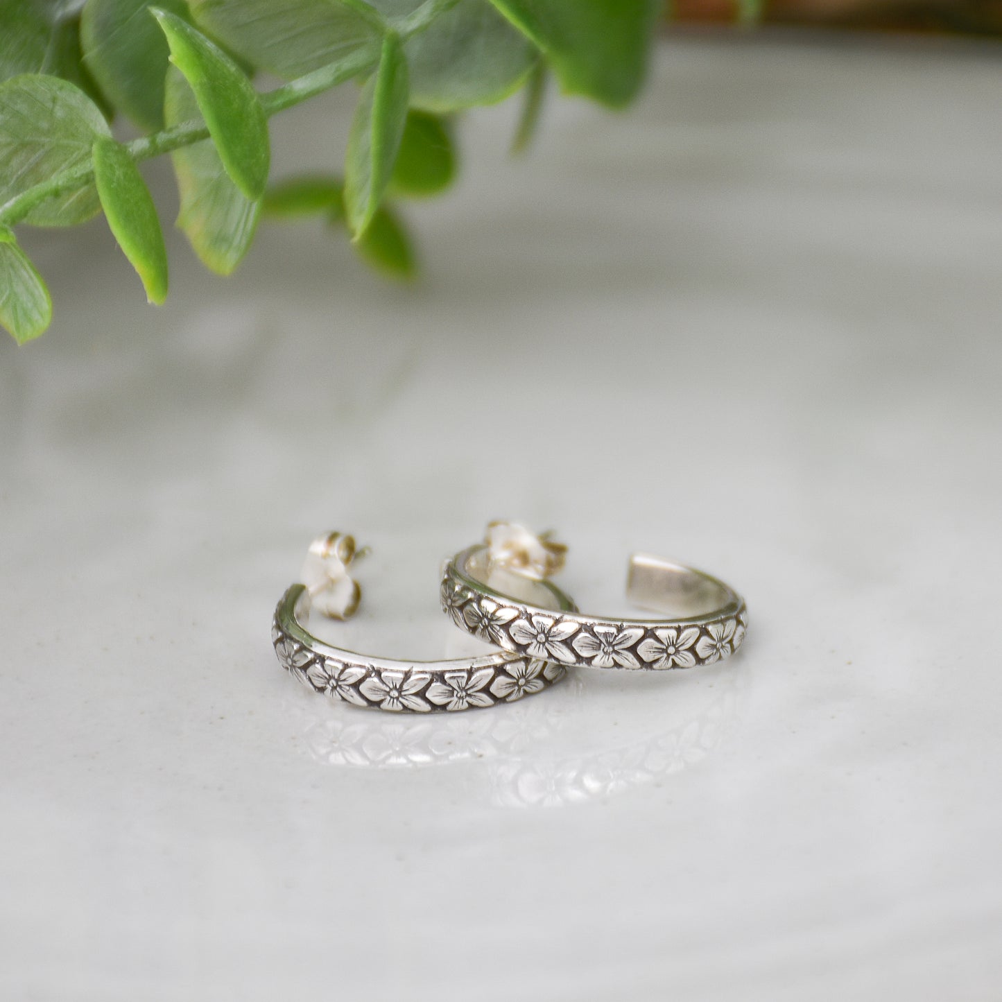 Floral Hoop Earrings - Sterling Silver