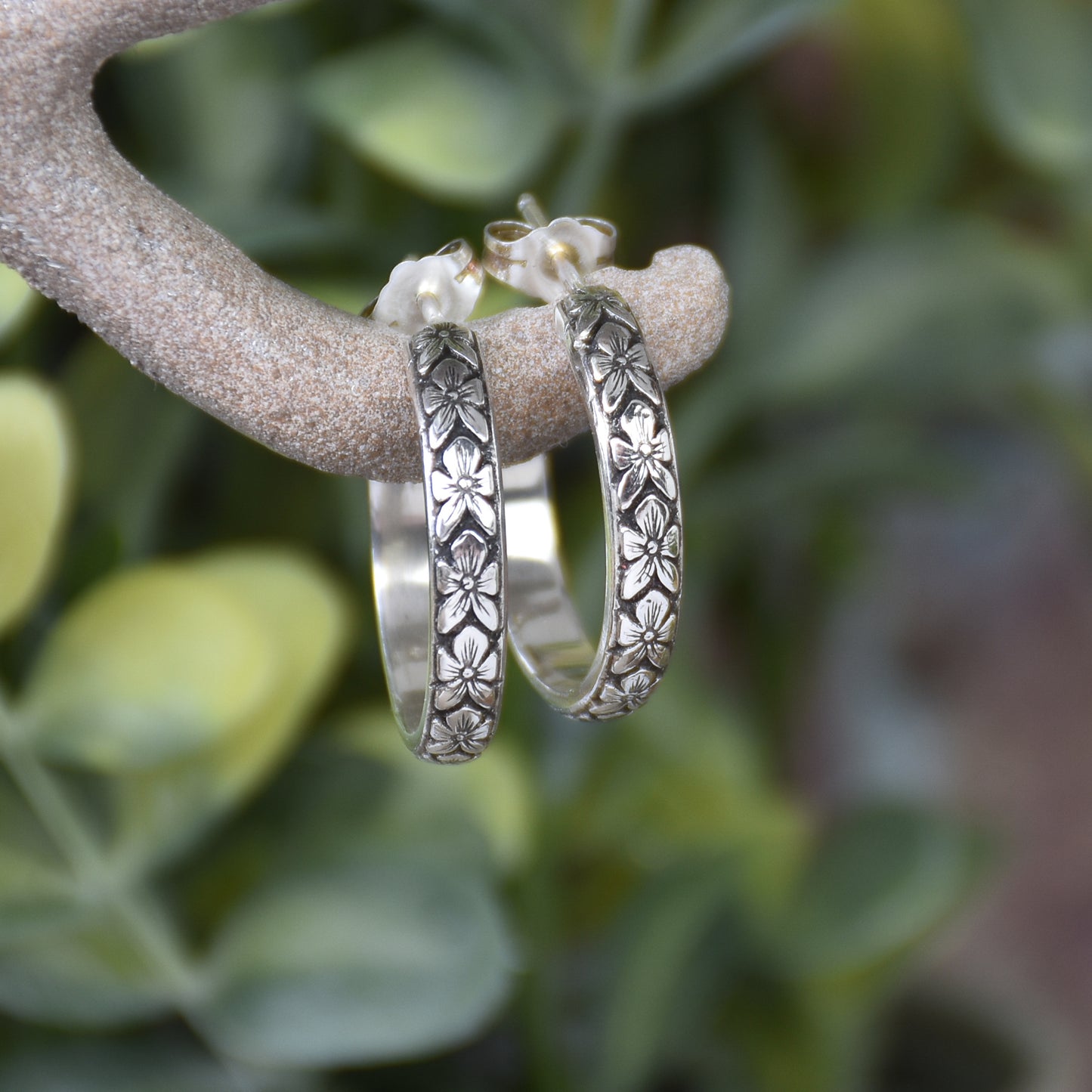 Floral Hoop Earrings - Sterling Silver
