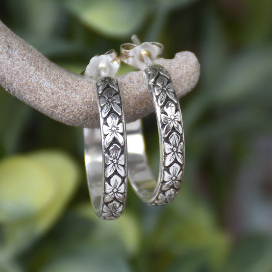 Floral Hoop Earrings - Sterling Silver