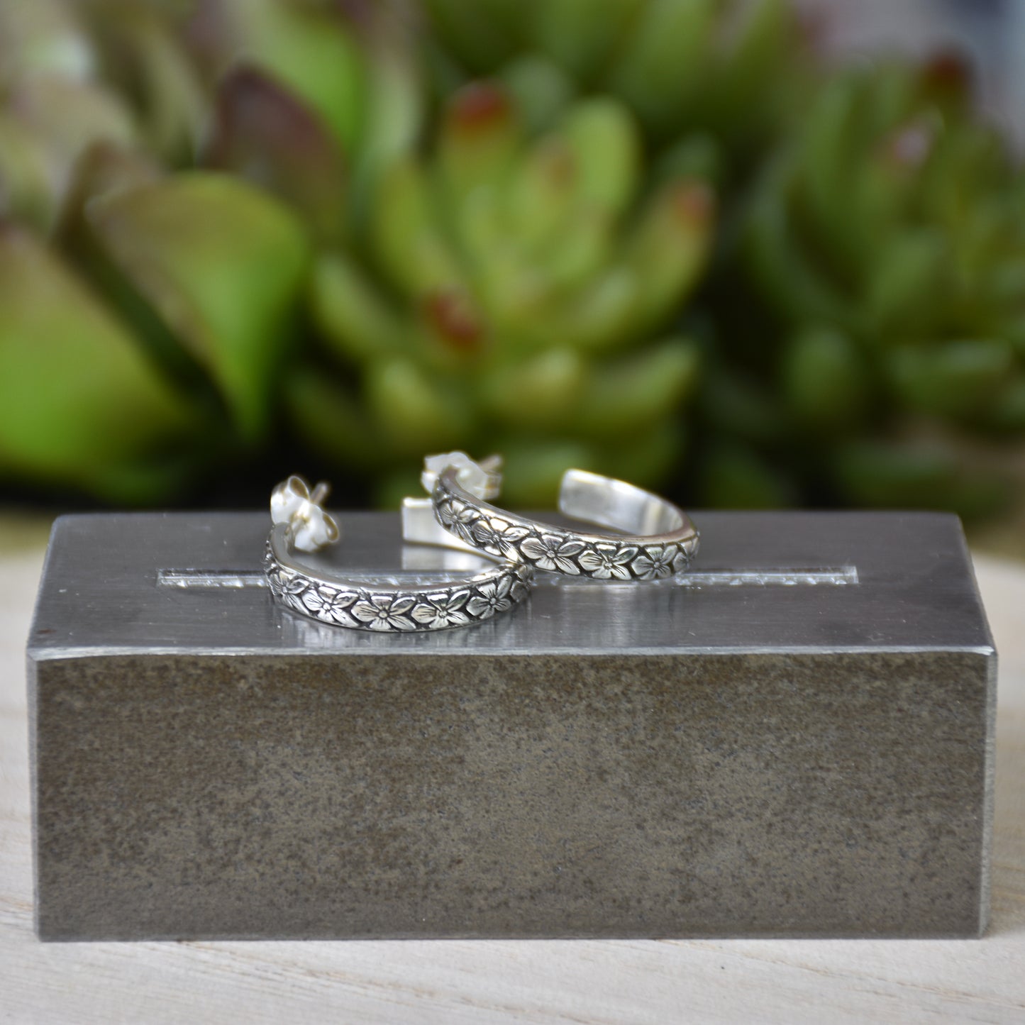Floral Hoop Earrings - Sterling Silver