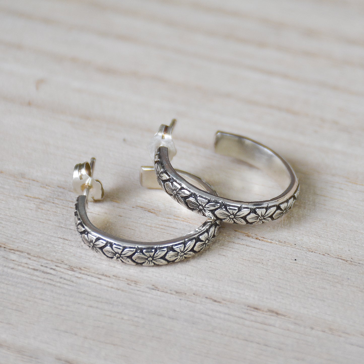 Floral Hoop Earrings - Sterling Silver