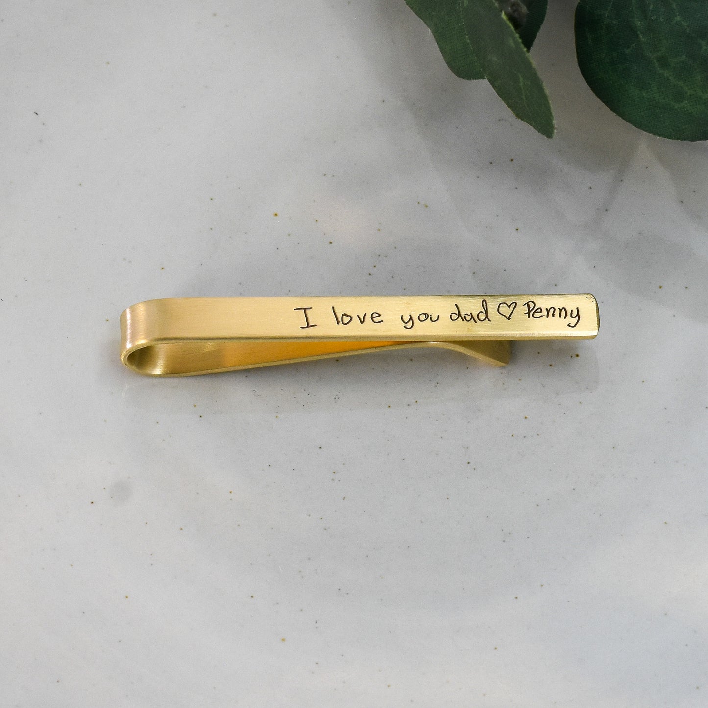 Engraved handwriting on gold brass tie clip.  I love you dad from daughter on Wedding day.  Father of the bride gift.