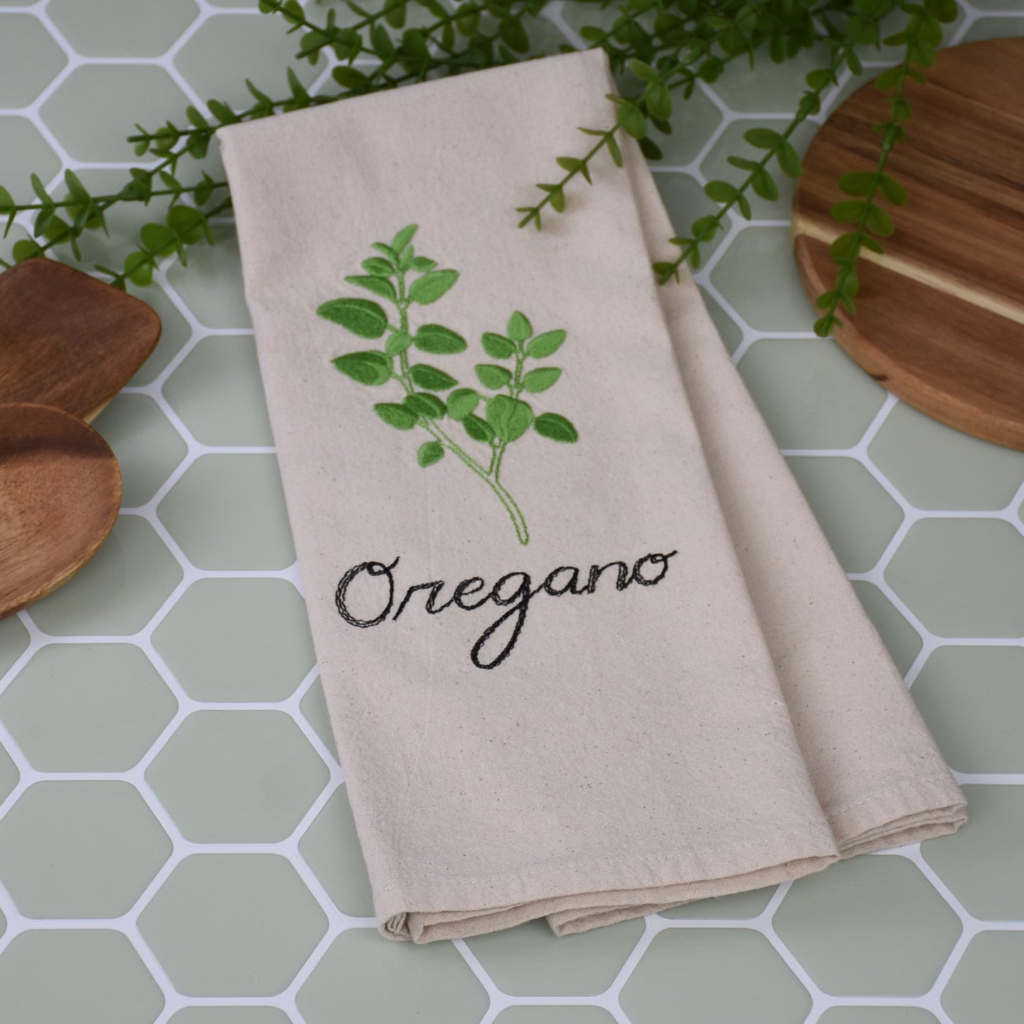 Embroidered Oregano Herb Design on Organic cotton flour sack towel in natural color