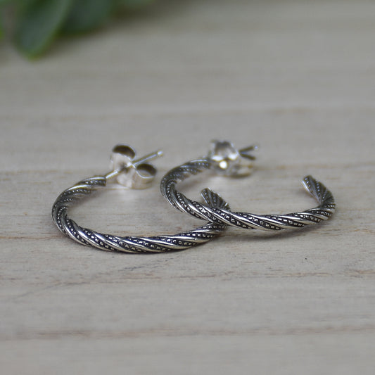 Antiqued Dot Twist Hoop Earrings - Sterling Silver