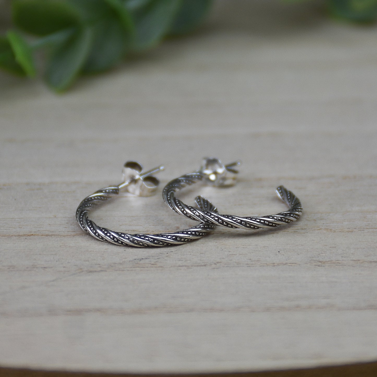 Antiqued Dot Twist Hoop Earrings - Sterling Silver
