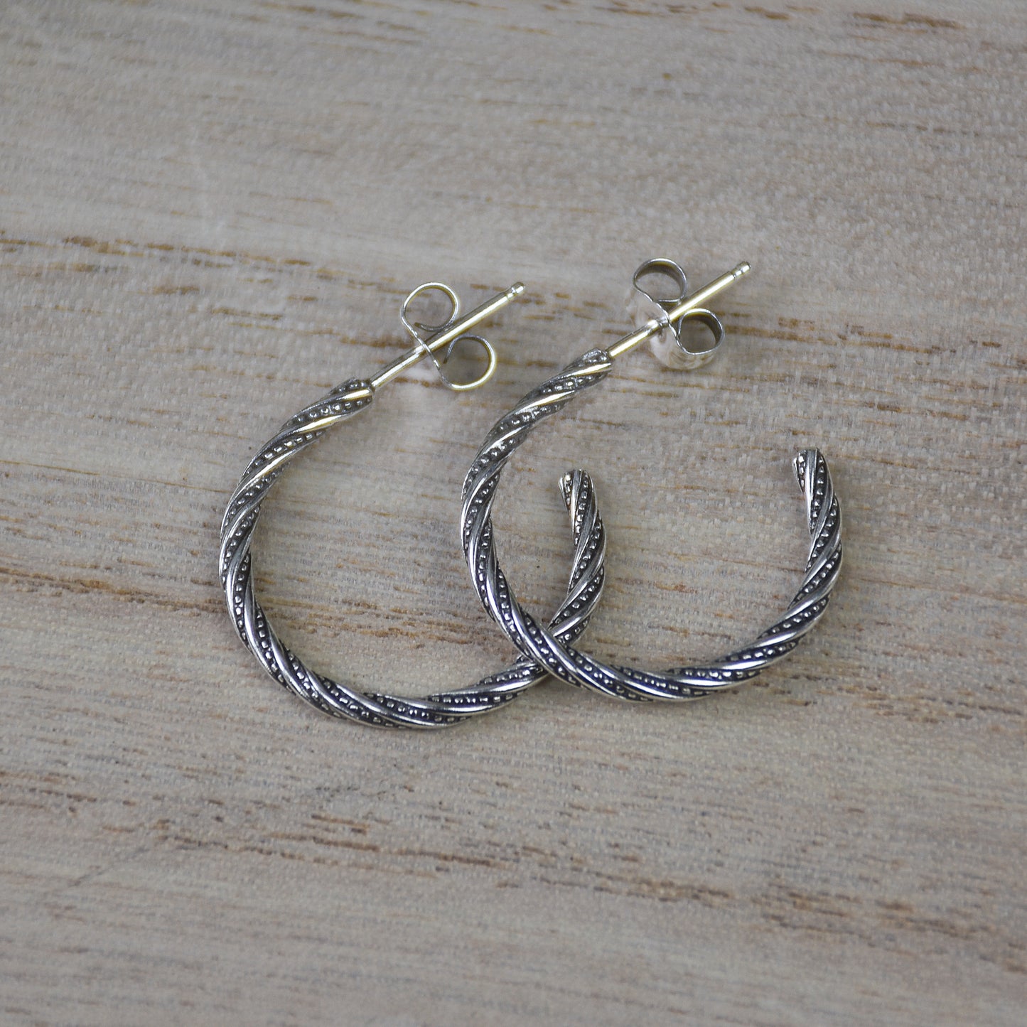 Antiqued Dot Twist Hoop Earrings - Sterling Silver