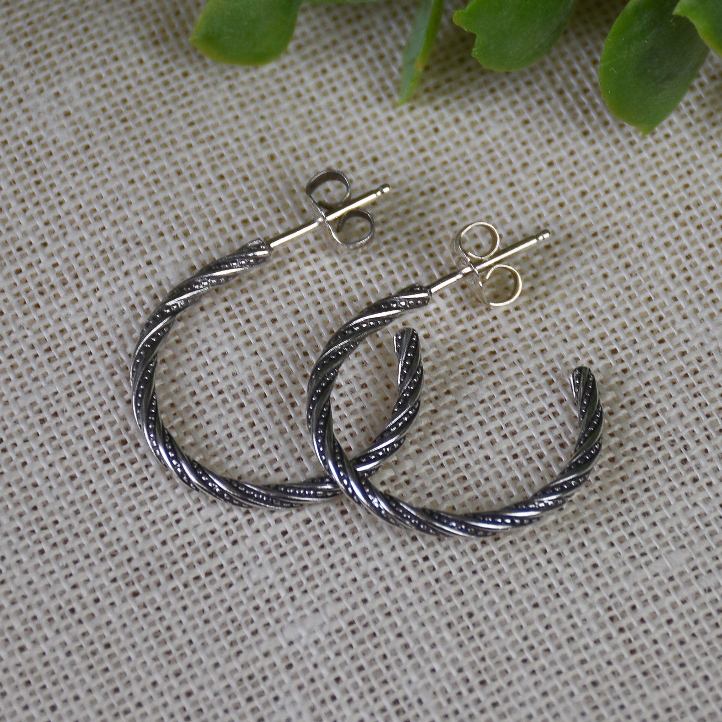 Antiqued Dot Twist Hoop Earrings - Sterling Silver