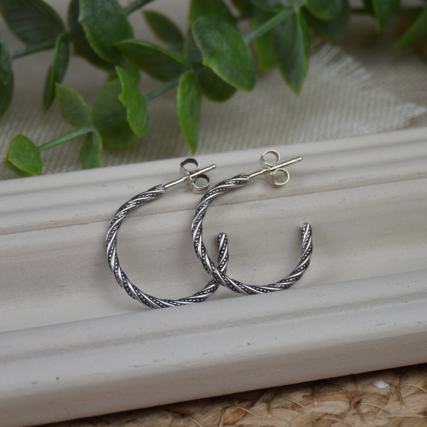 Antiqued Dot Twist Hoop Earrings - Sterling Silver