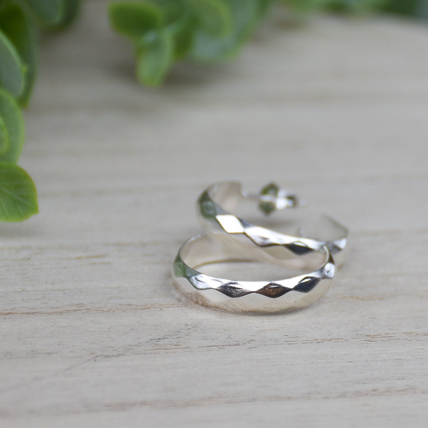 Hammered Diamond Hoop Earrings - Sterling Silver