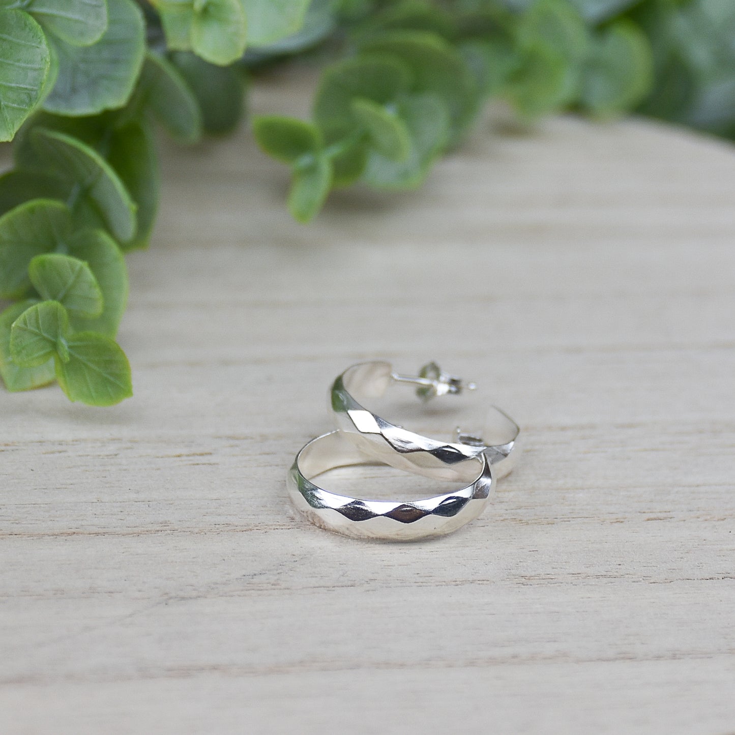 Hammered Diamond Hoop Earrings - Sterling Silver